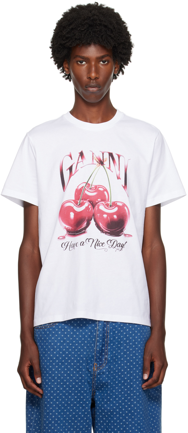 Shop Ganni White Cherry Relaxed T-shirt In Bright White