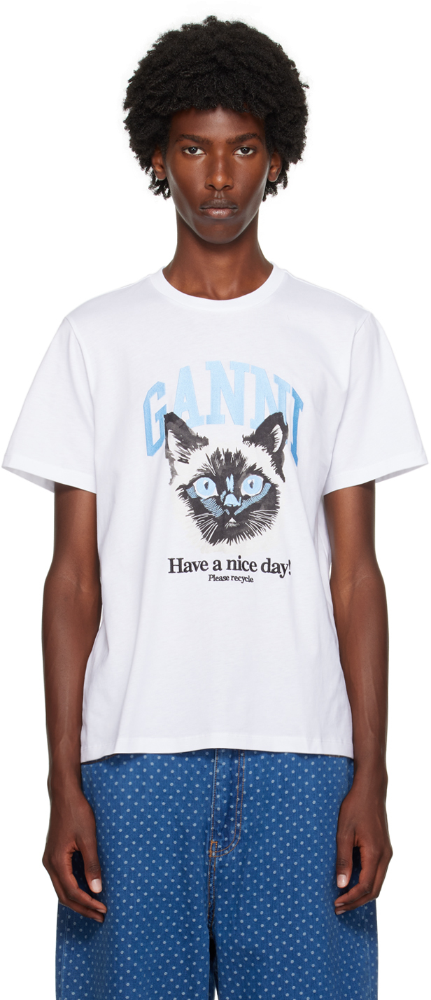 Shop Ganni White Cat Relaxed T-shirt In Bright White