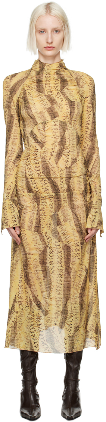 Knwls Yellow Serpent Midi Dress In Crushed Snake