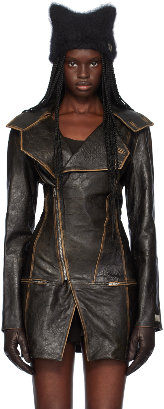 Shop Knwls Brown Slk Leather Coat