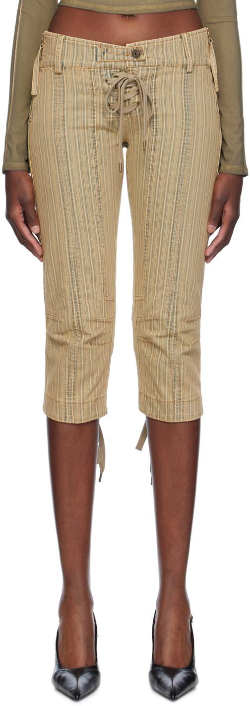 Khaki Beige Striped Capri Denim Shorts by KNWLS on Sale