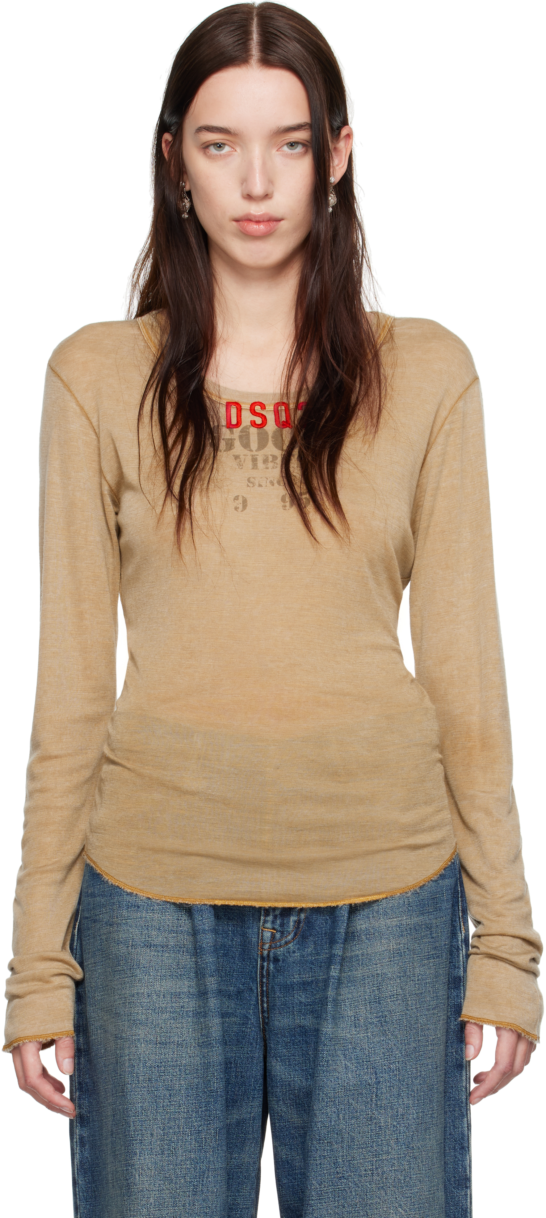 Shop Dsquared2 Beige Marble Dyed Choke Fit Long Sleeve T-shirt In 110