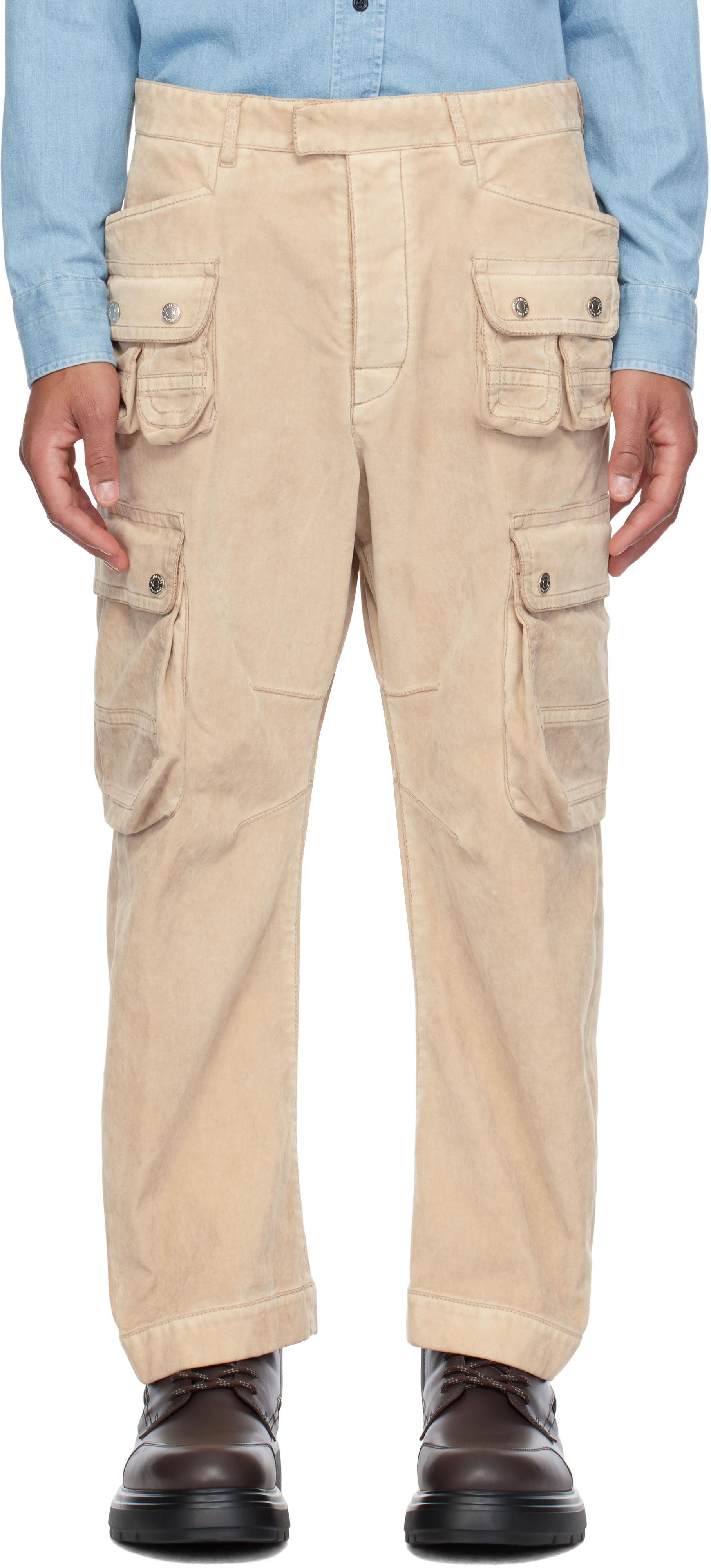 Beige Grunge Denim Cargo Pants