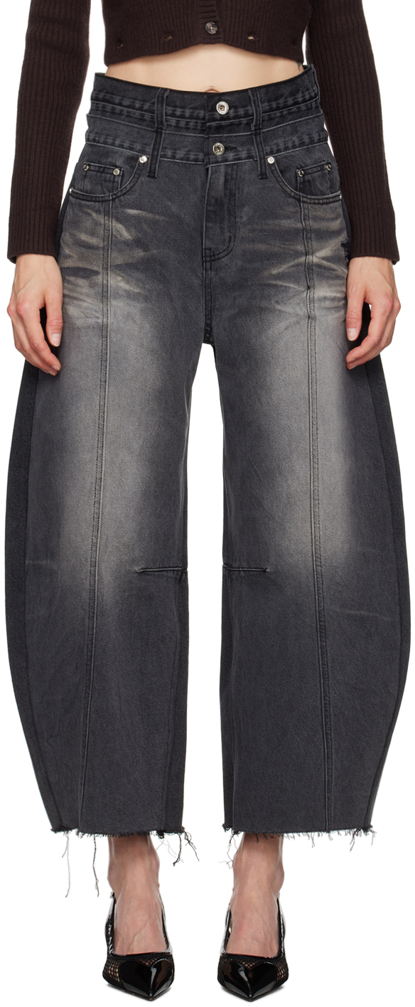 Gray Balloon-Shaped Layered Jeans