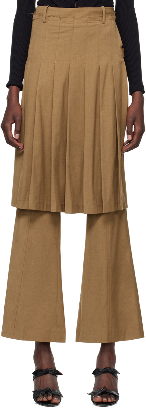 Tan Pleated Midi Skirt Trousers