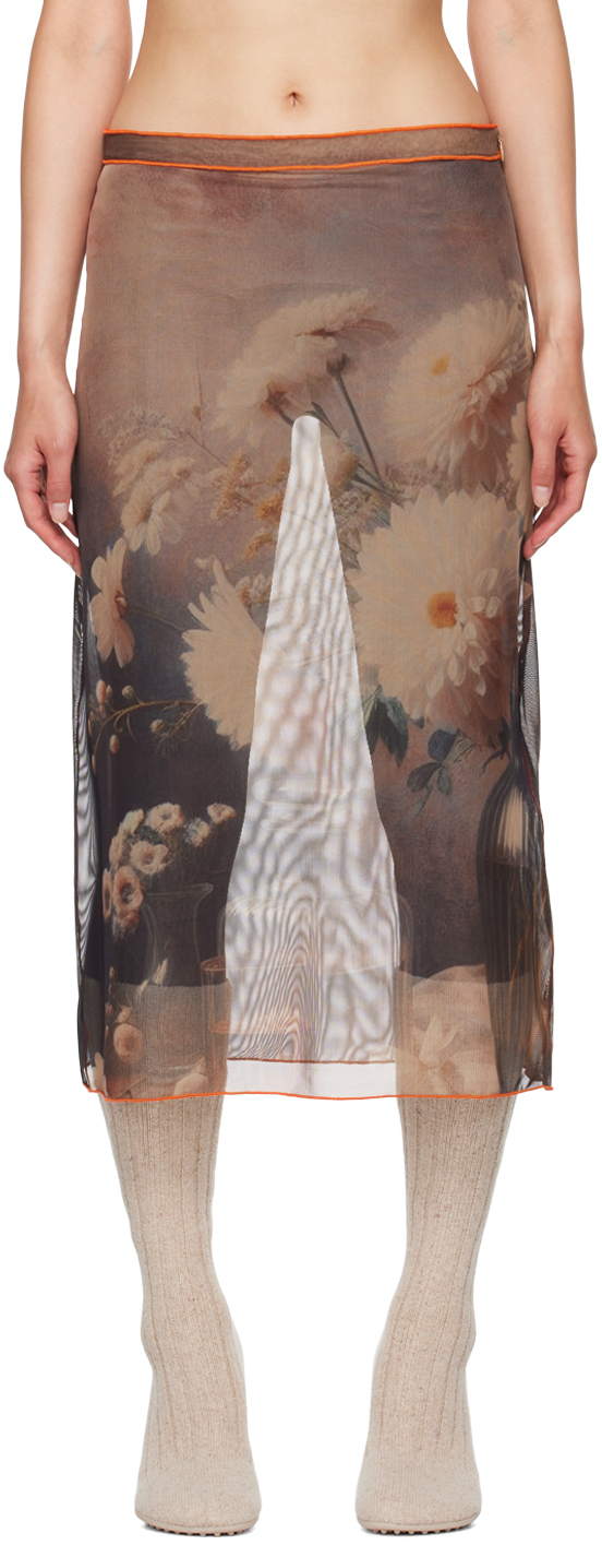 Multicolor Vase Of Flowers Printed Midi Skirt