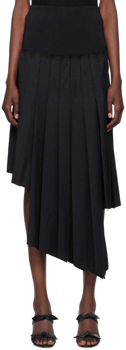 Black Ribbed Pleated Midi Skirt