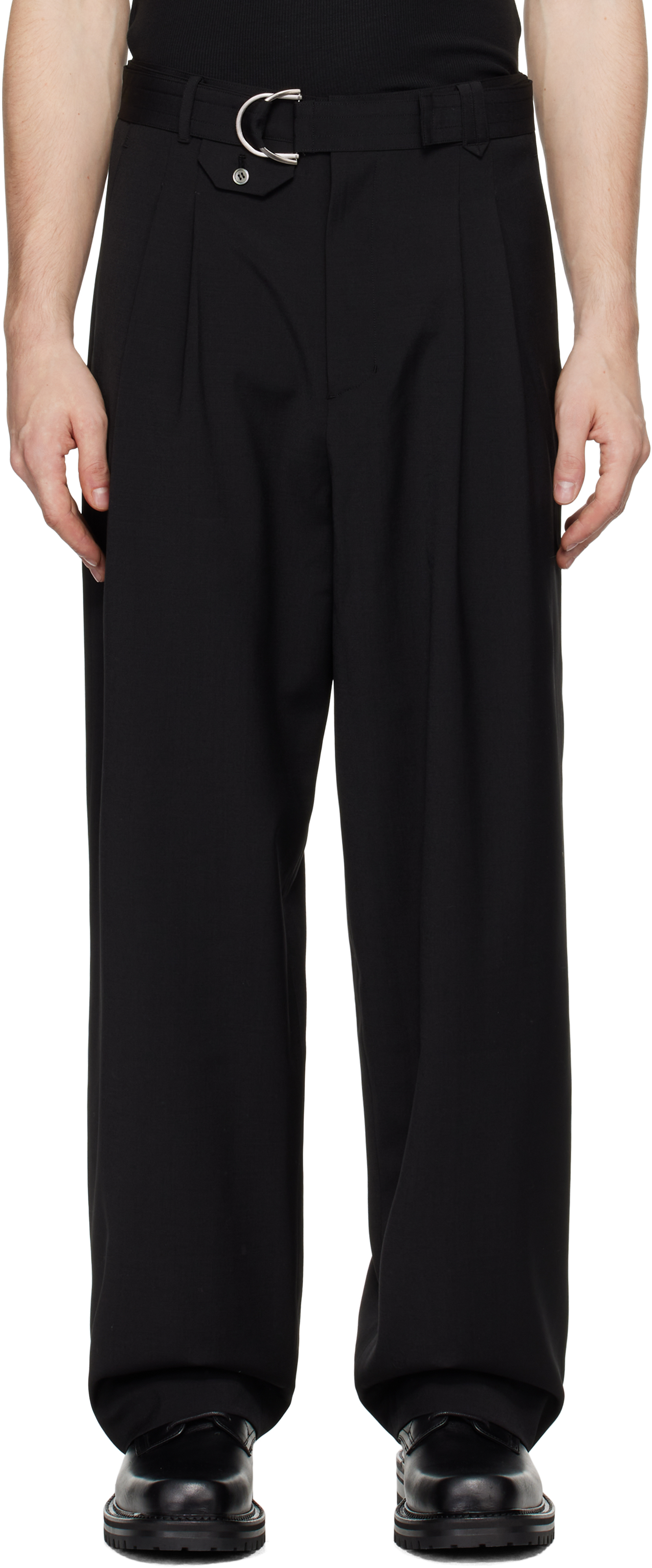 Black Belted Two-Pleat Trousers