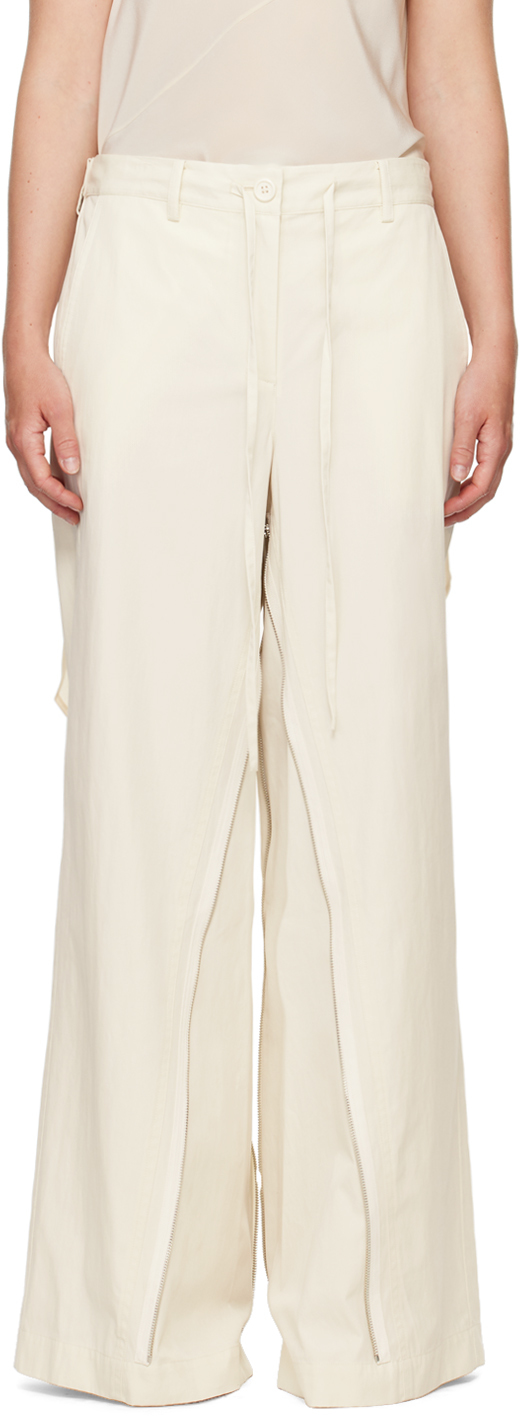 Shop Helmut Lang Off-white Gusset Wide Leg Trousers In Creme - Cux