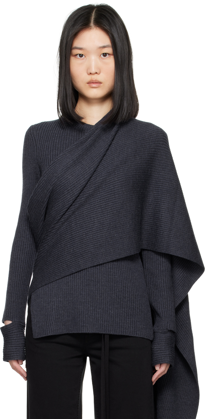 Shop Helmut Lang Indigo Draped Rib Sweater In Navy Melange - G4c