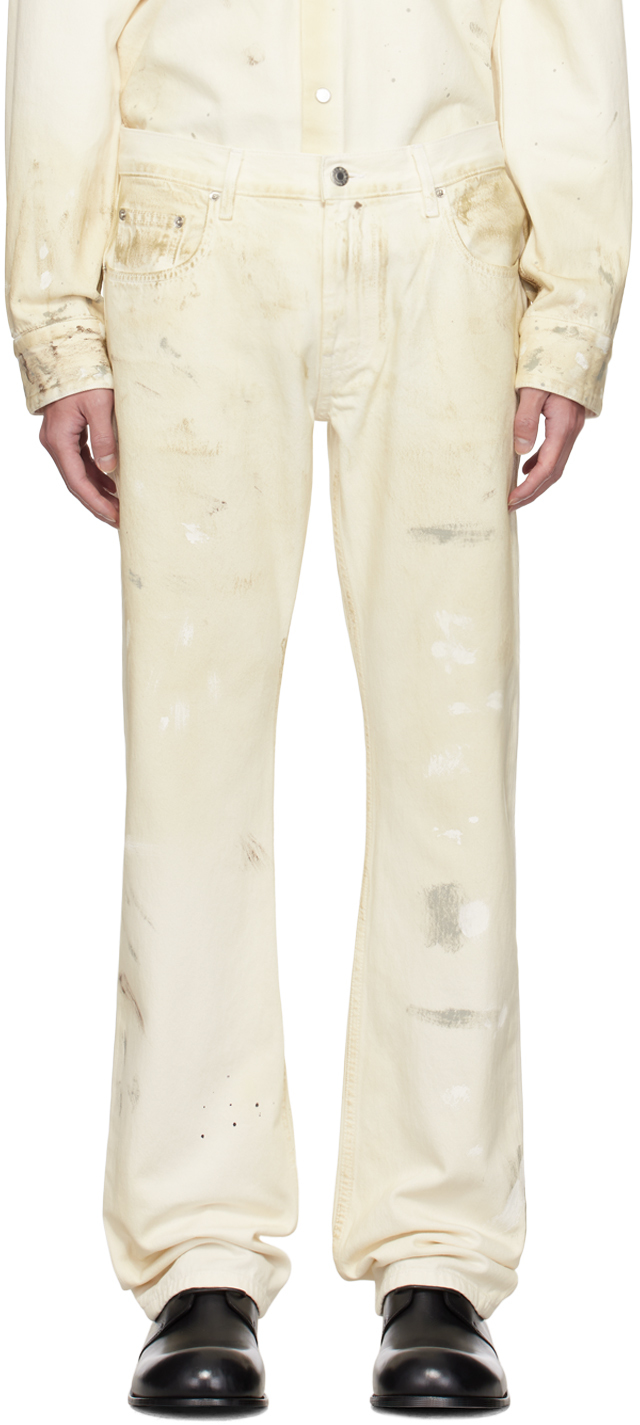 Shop Helmut Lang Off-white Low-rise Painted Jeans In Ecru Painter - 21v