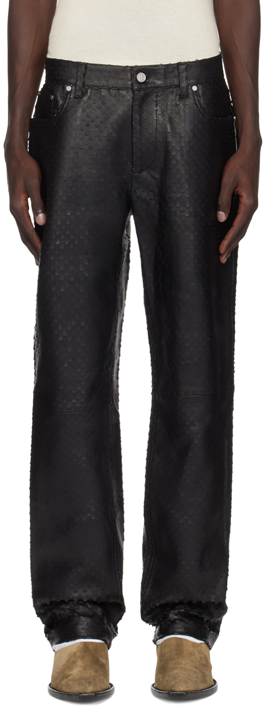 Black Hole-Punched Worker Leather Pants