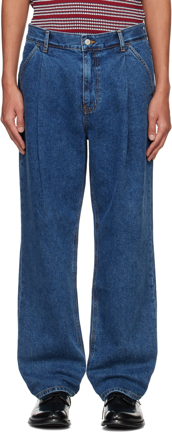 Shop Uniform Bridge Blue Wide One Tuck Jeans In Indigo Washed