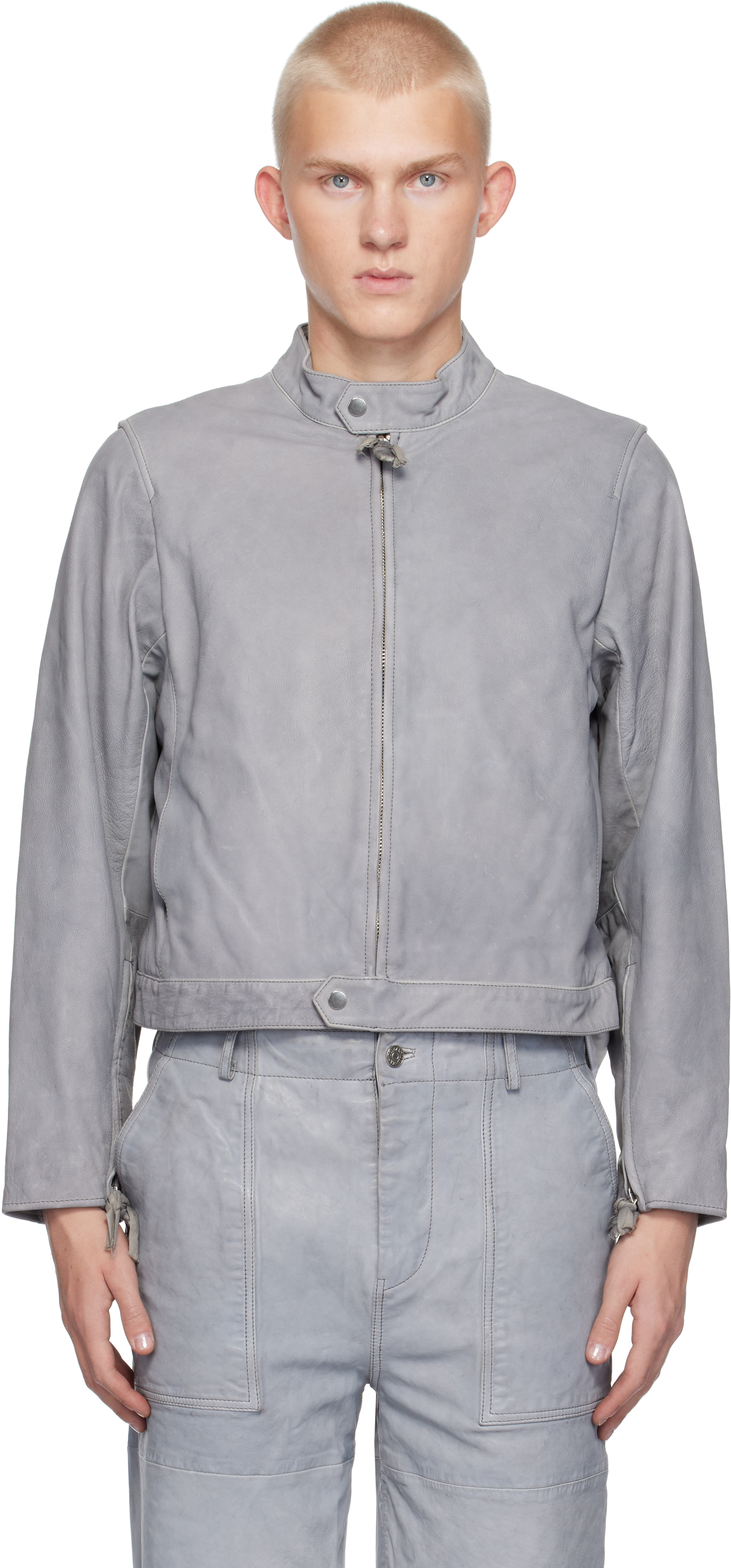 Gray Velar Leather Jacket by Deadwood on Sale