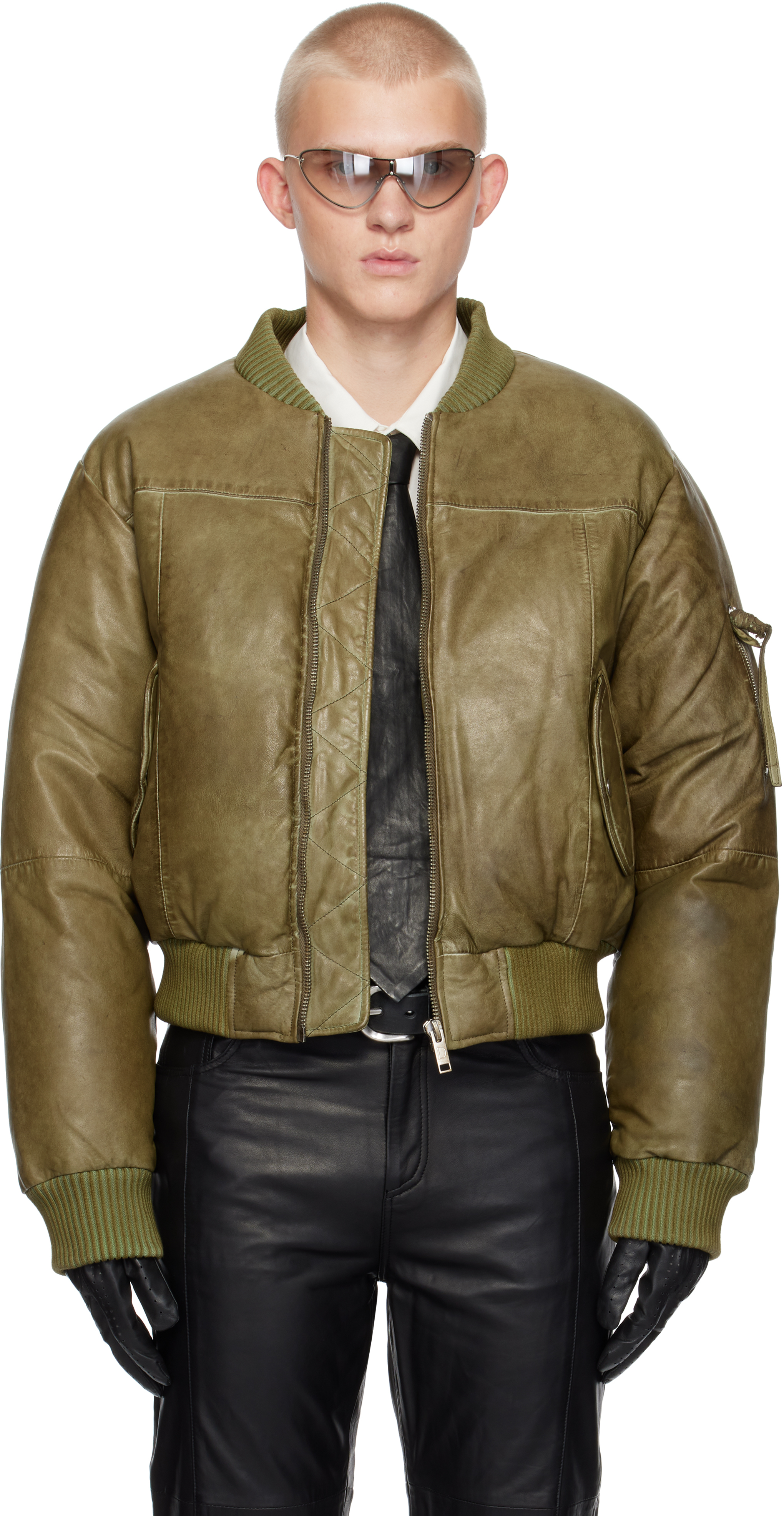 Shop Deadwood Khaki Bofinger Padded Leather Bomber Jacket In Olive