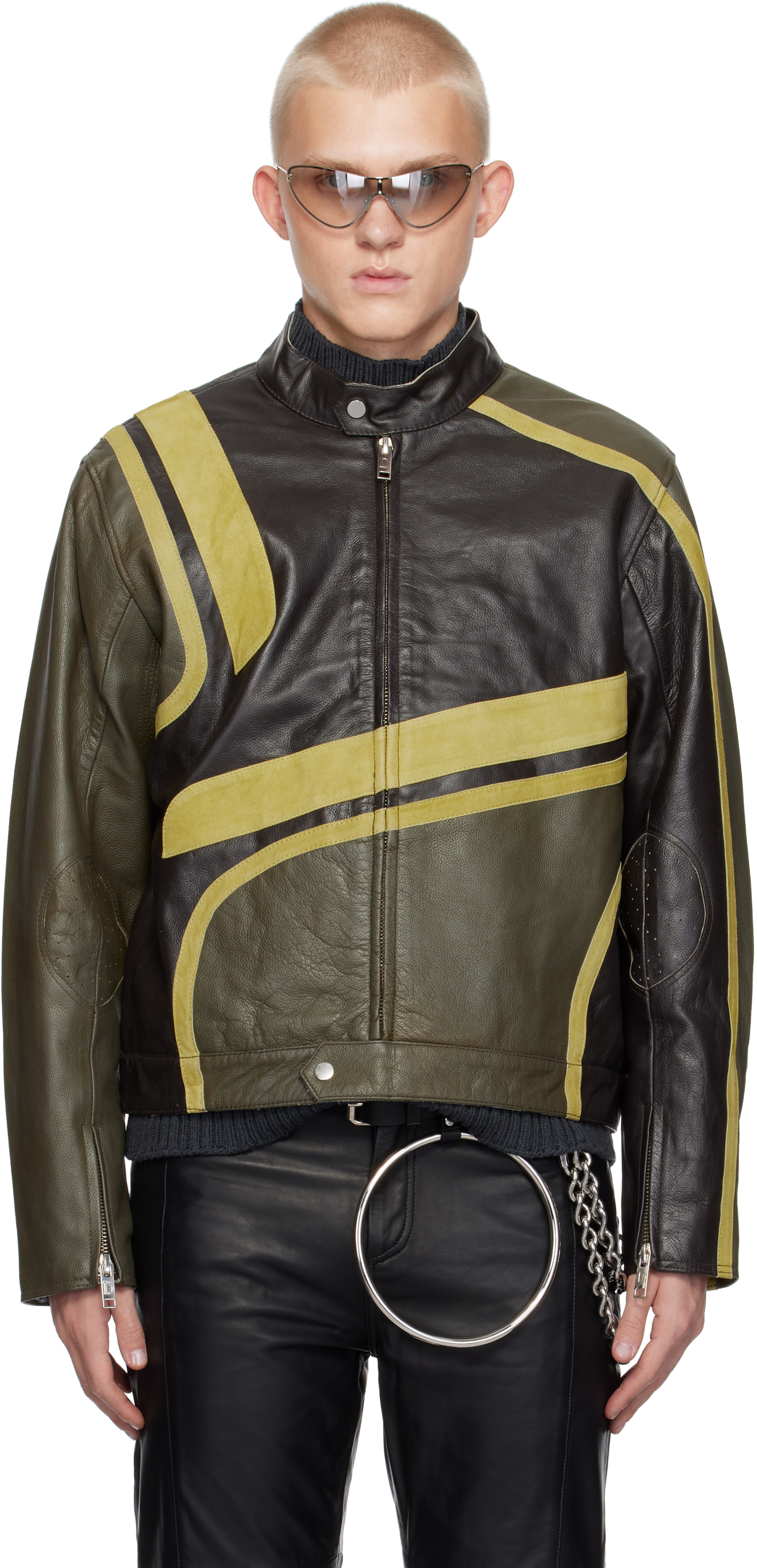 Shop Deadwood Khaki & Brown Hiro Leather Jacket In Olive