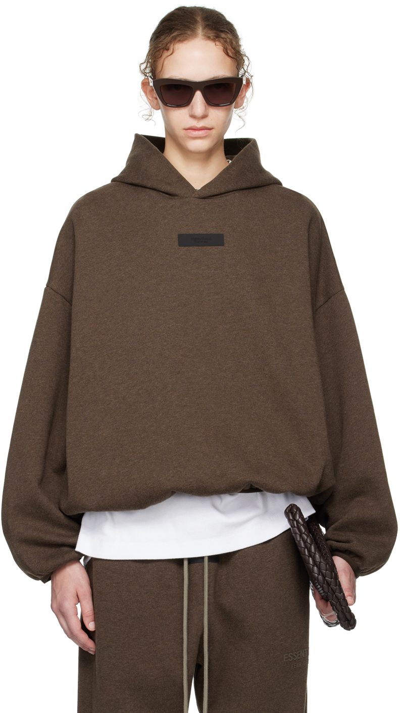 Shop Essentials Brown Elasticized Hoodie In Heather Wood