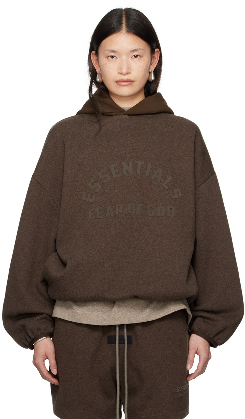 Shop Essentials Brown Bonded Hoodie In Heather Wood/ Wood