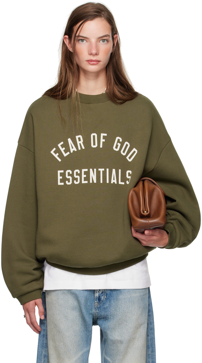 Shop Essentials Khaki Crewneck Sweatshirt In Military