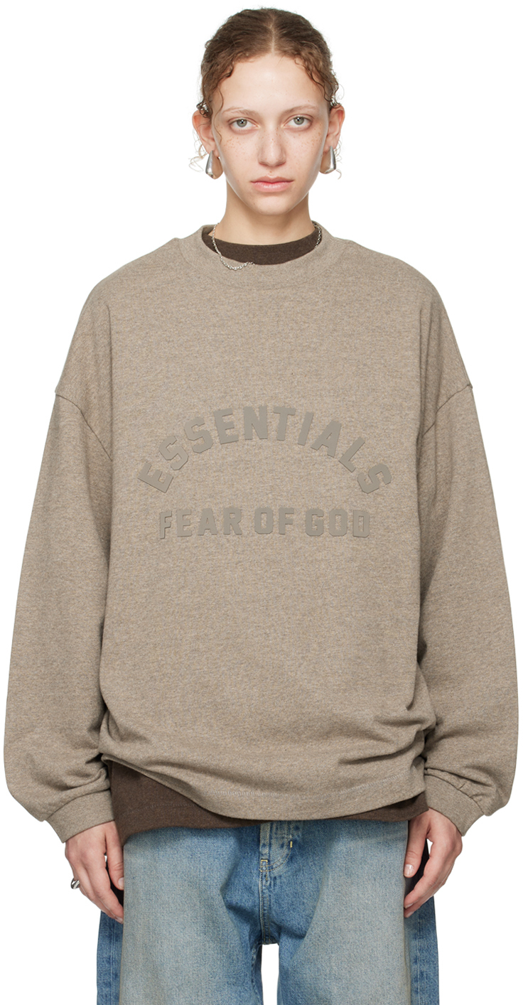 Shop Essentials Gray Crewneck Long Sleeve T-shirt In Heather Grey