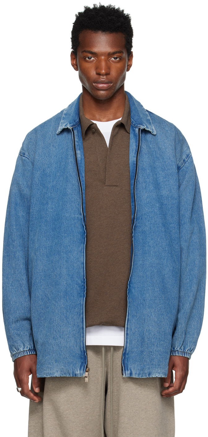 Shop Essentials Blue Zip Denim Jacket In Medium Wash