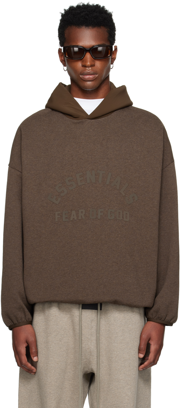 Shop Essentials Brown Bonded Hoodie In Heather Wood/ Wood