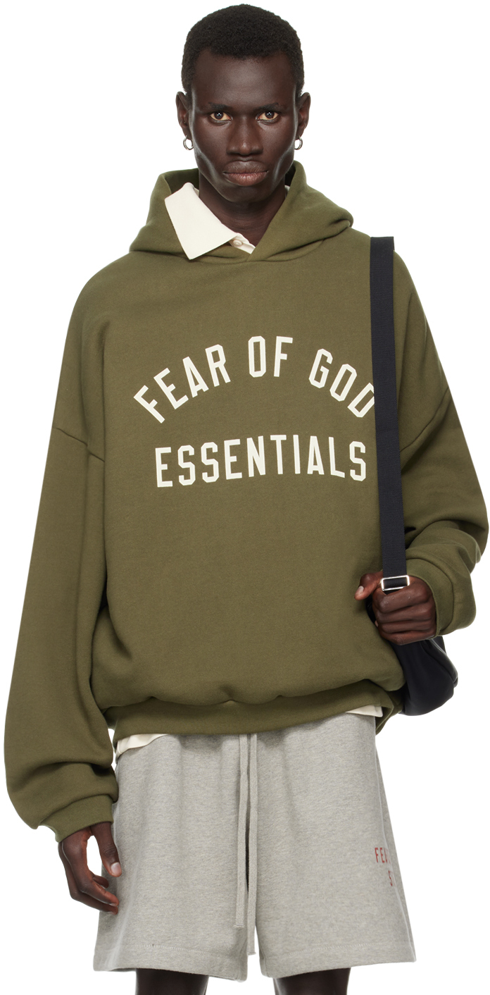 Shop Essentials Khaki Printed Logo Hoodie In Military