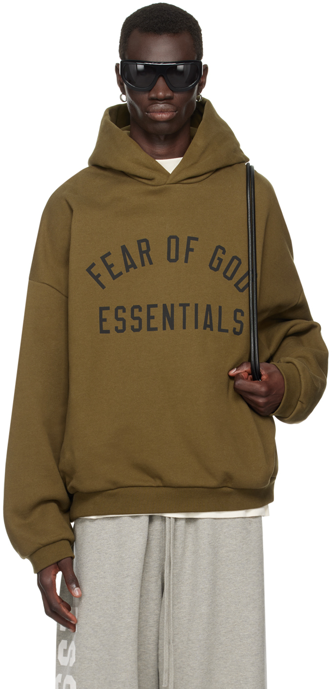 Shop Essentials Khaki Printed Logo Hoodie In Olive