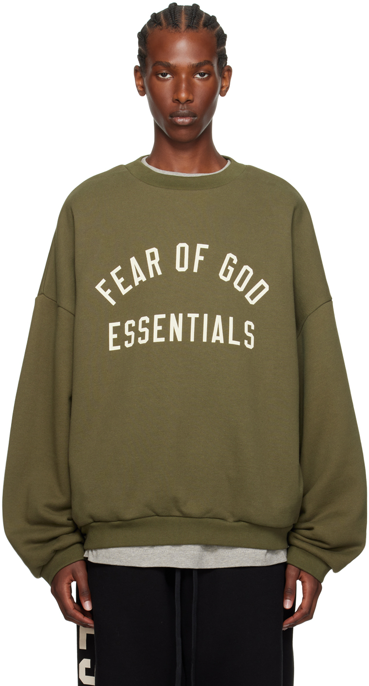 Shop Essentials Khaki Crewneck Sweatshirt In Military