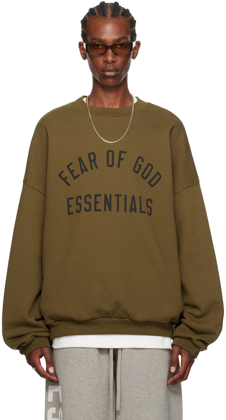 Shop Essentials Khaki Crewneck Sweatshirt In Olive