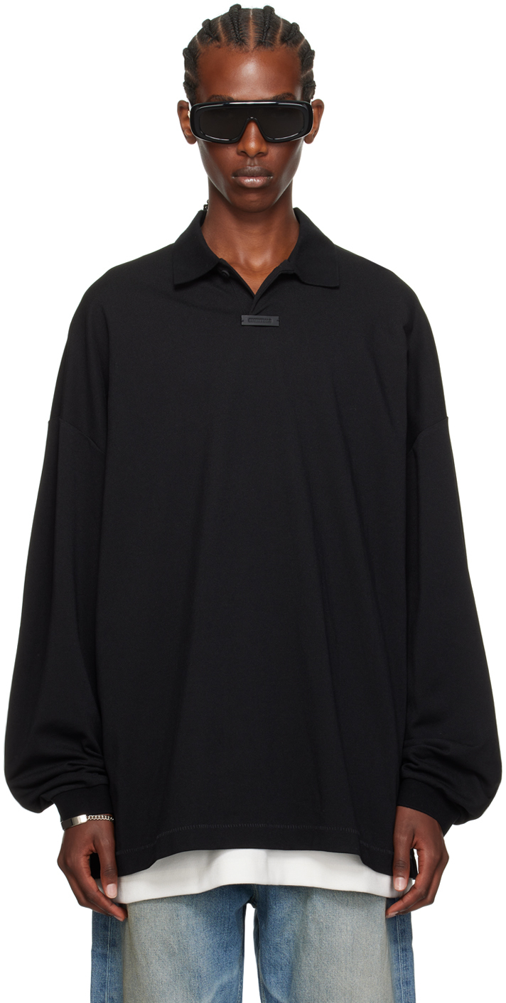 Shop Essentials Black Logo Patch Long Sleeve Polo