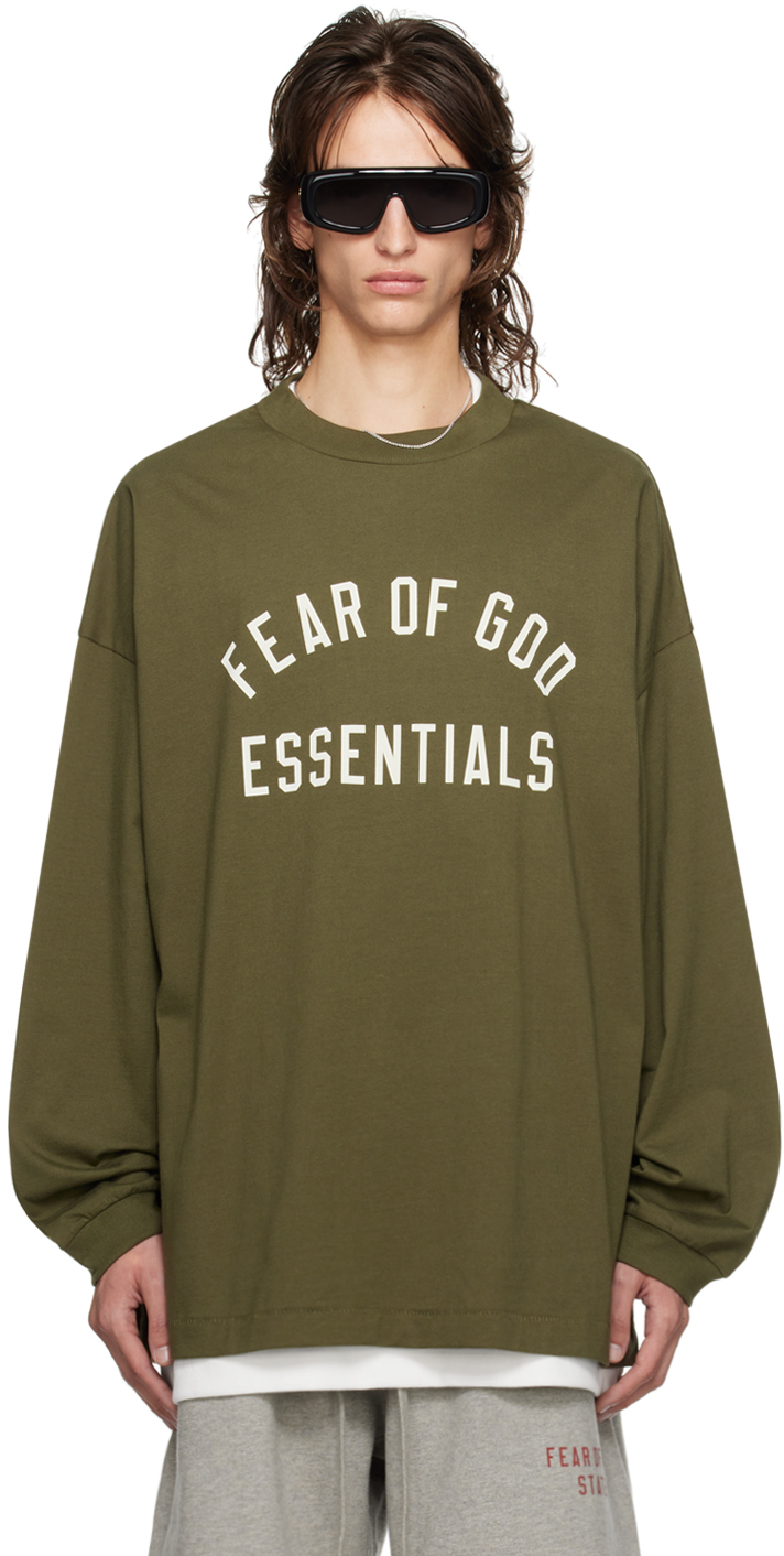 Shop Essentials Khaki Crewneck Long Sleeve T-shirt In Military