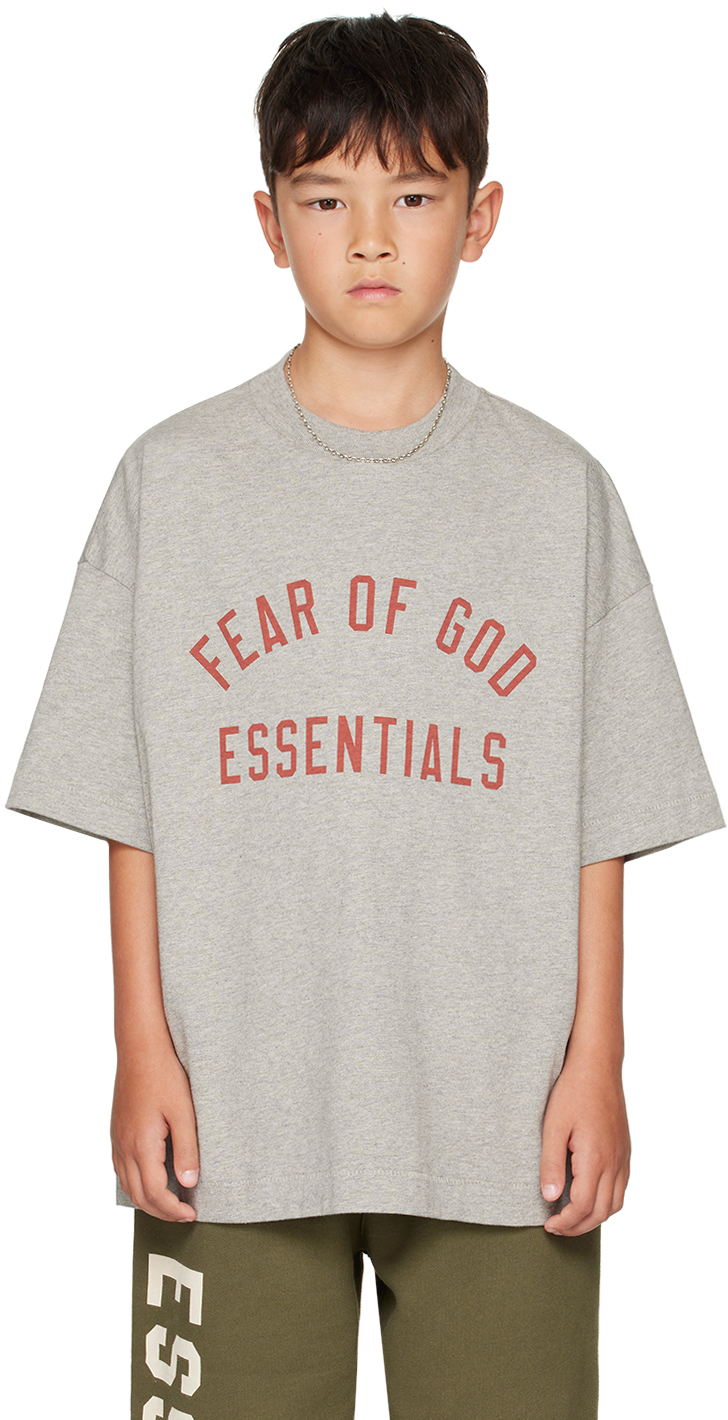 Shop Essentials Kids Gray Jersey Crewneck T-shirt In Dark Heather