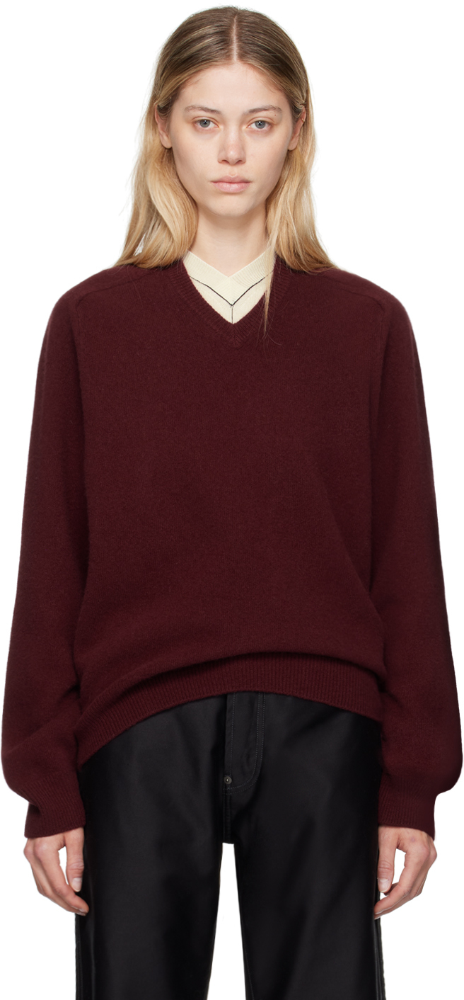 Shop Maison Margiela Burgundy V-neck Sweater In 248 Bordeaux