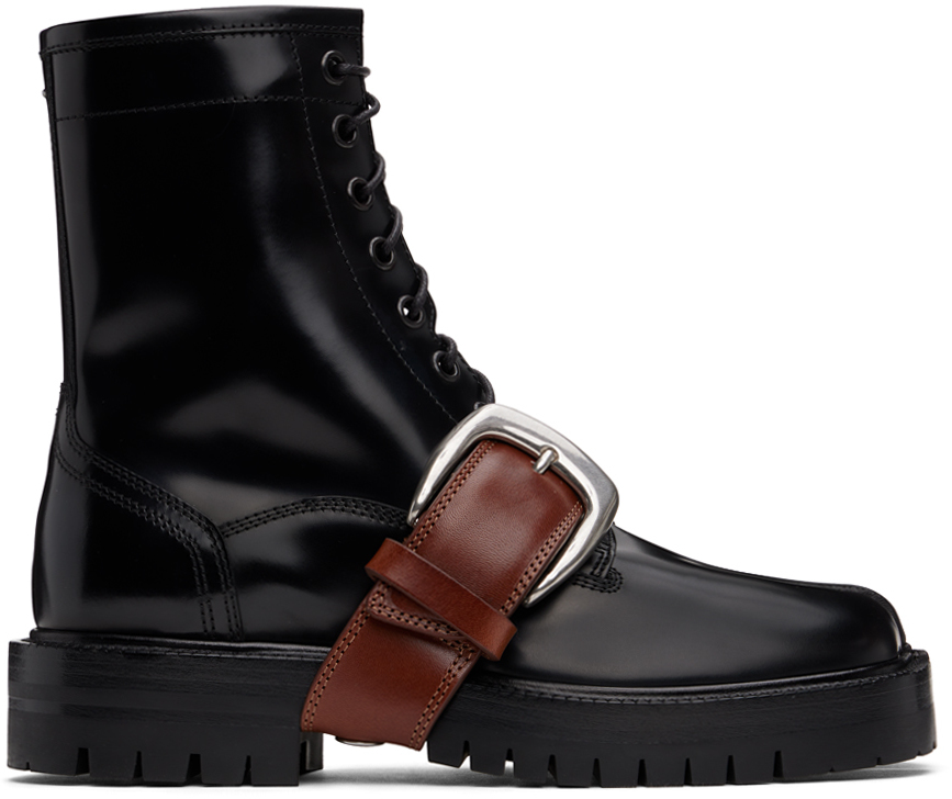 Shop Maison Margiela Black Tabi Combat Boots In H5041 Black/cuoio