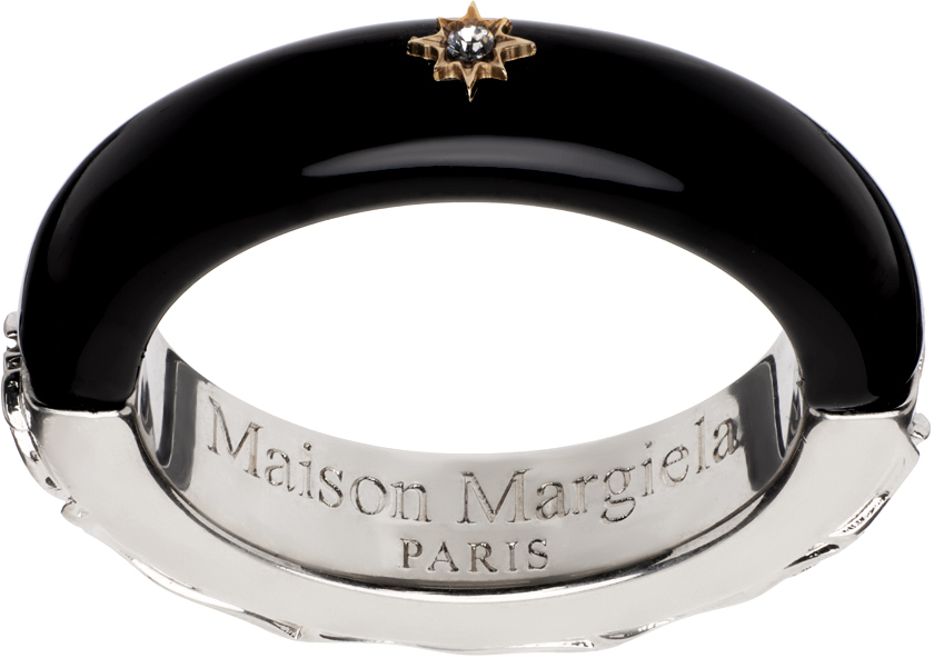 Shop Maison Margiela Silver & Black Enamel Ring In 964 Palladio Buratta