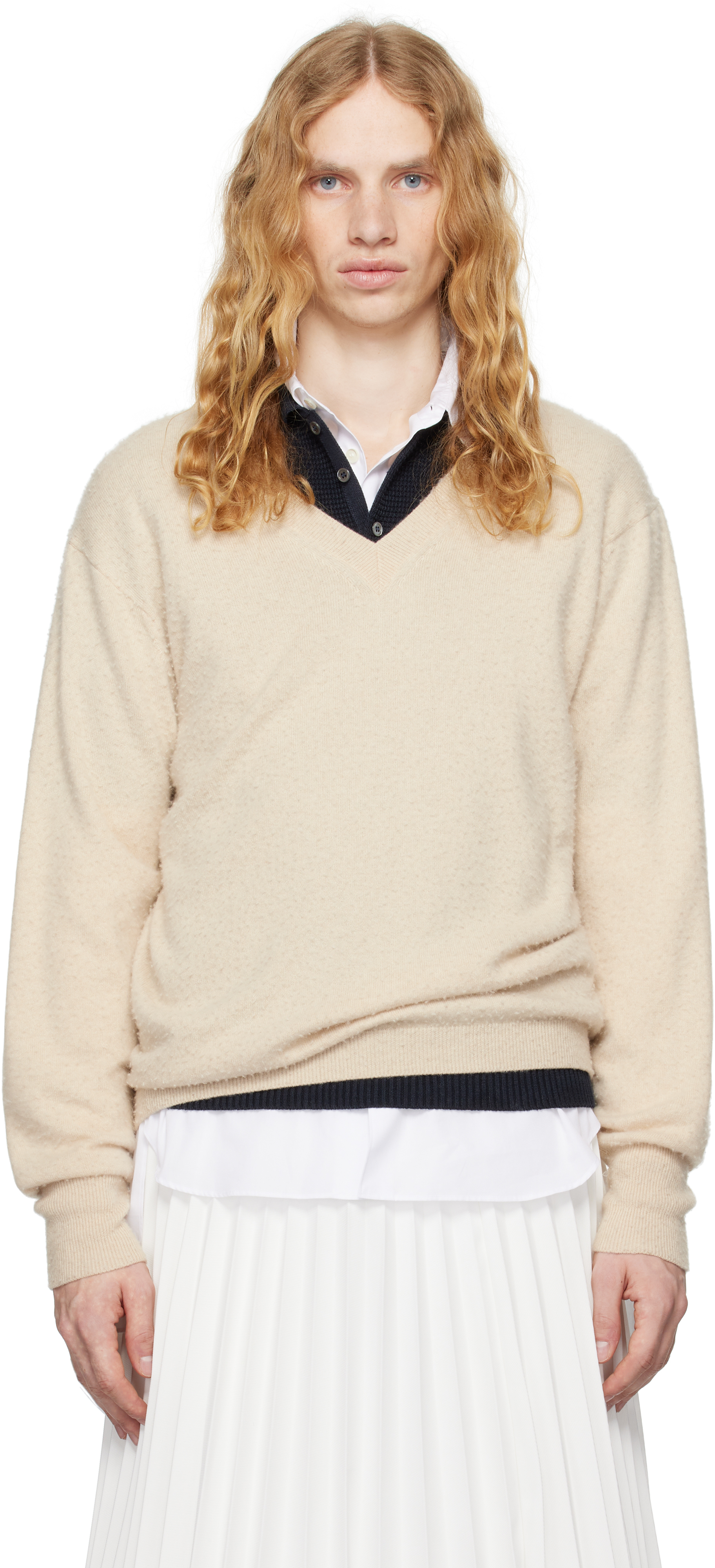 MAISON MARGIELA BEIGE V-NECK SWEATER 