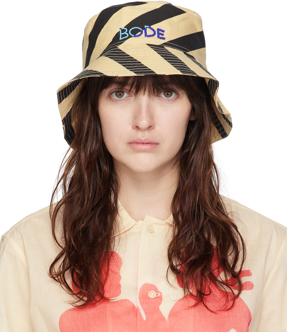Bode Beige & Black Domino Stripe Bucket Hat In Multi