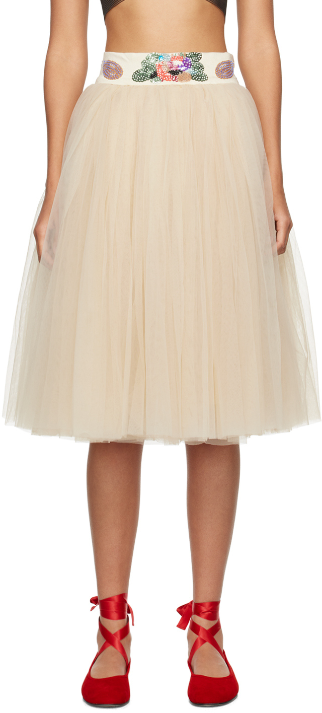 Shop Bode Beige Sunset Lily Midi Skirt In Cream