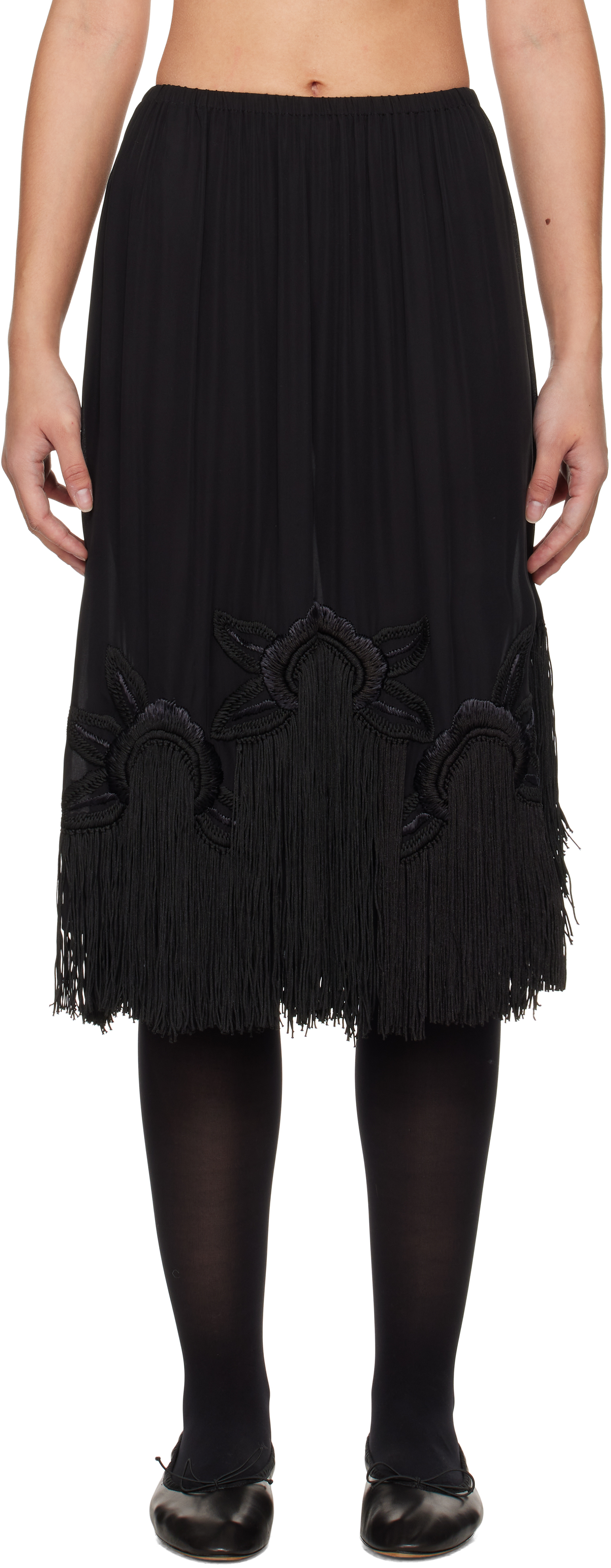 Black Daffodil Fringe Midi Skirt