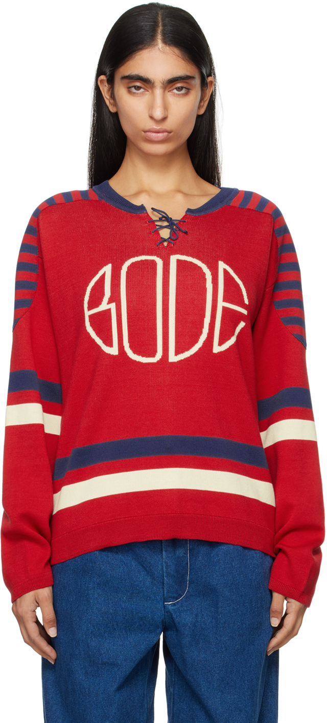 Shop Bode Red & White Rink Sweater In Red Cream