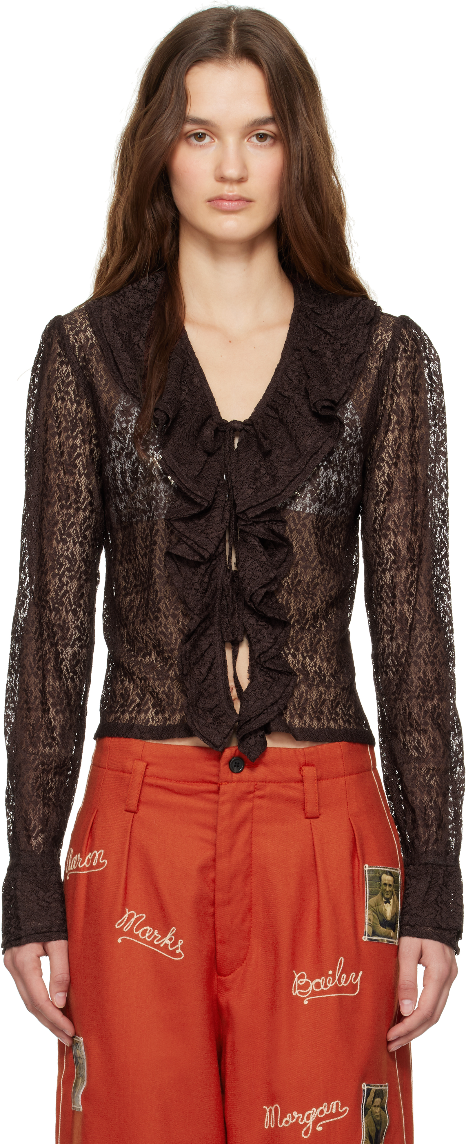 Brown Lace Flounce Blouse