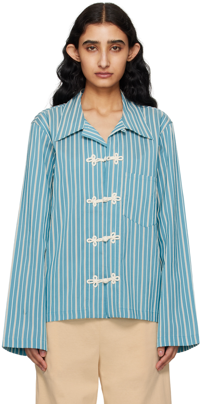 Shop Bode Blue Shore Stripe Shirt In Wtblu White Blue