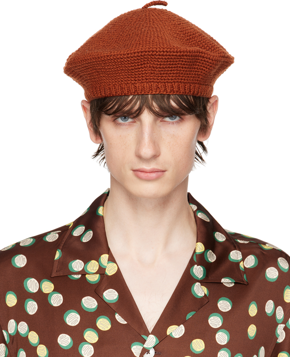 Shop Bode Brown Crochet Beret In Tobac