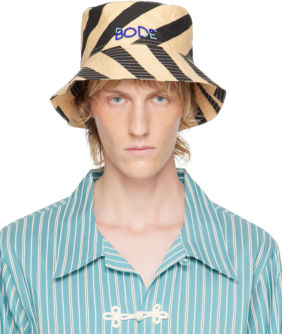 Shop Bode Beige & Black Domino Stripe Bucket Hat In Ecblk