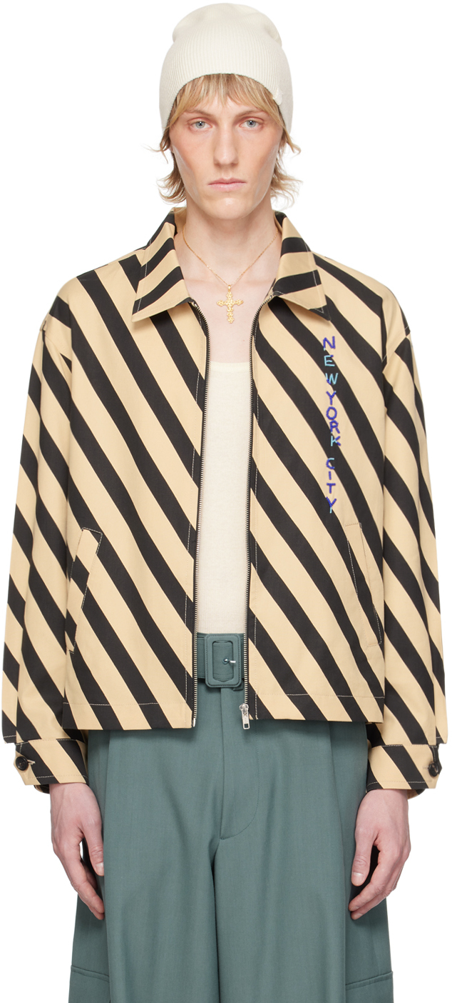 Shop Bode Black & Beige Domino Stripe Jacket In Ecblk