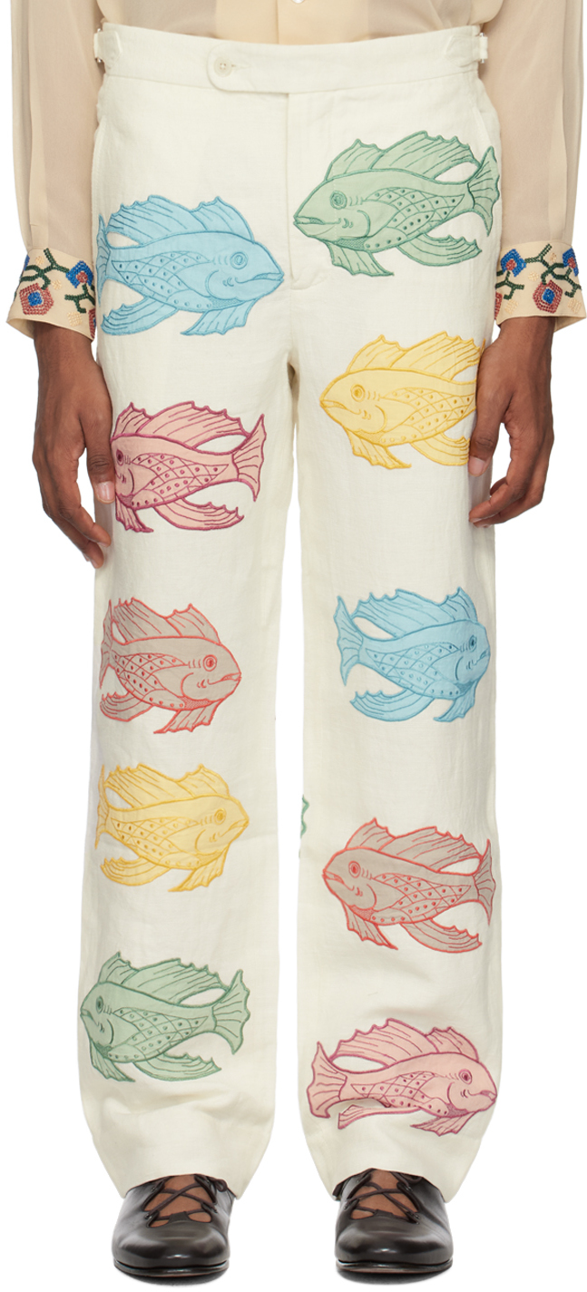 Shop Bode Off-white Piscine Appliqué Trousers In Wtmlt