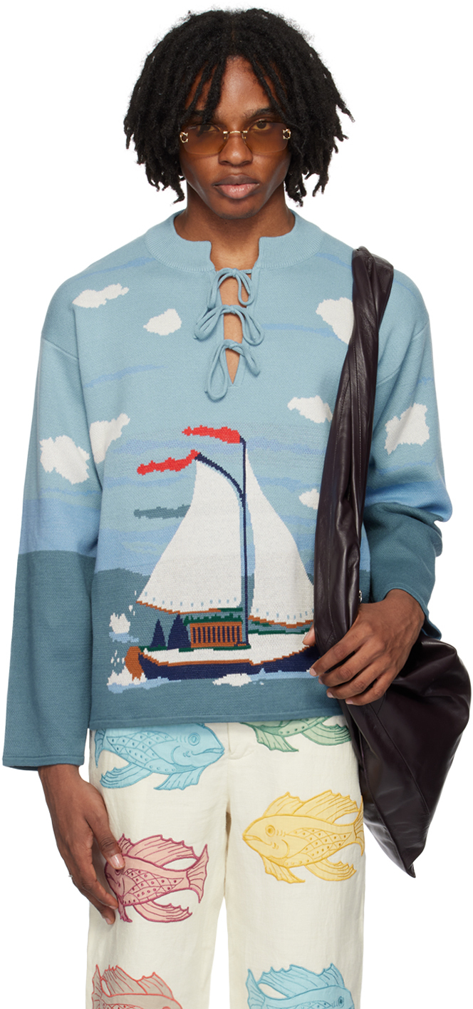 Shop Bode Blue Pinafore Sweater