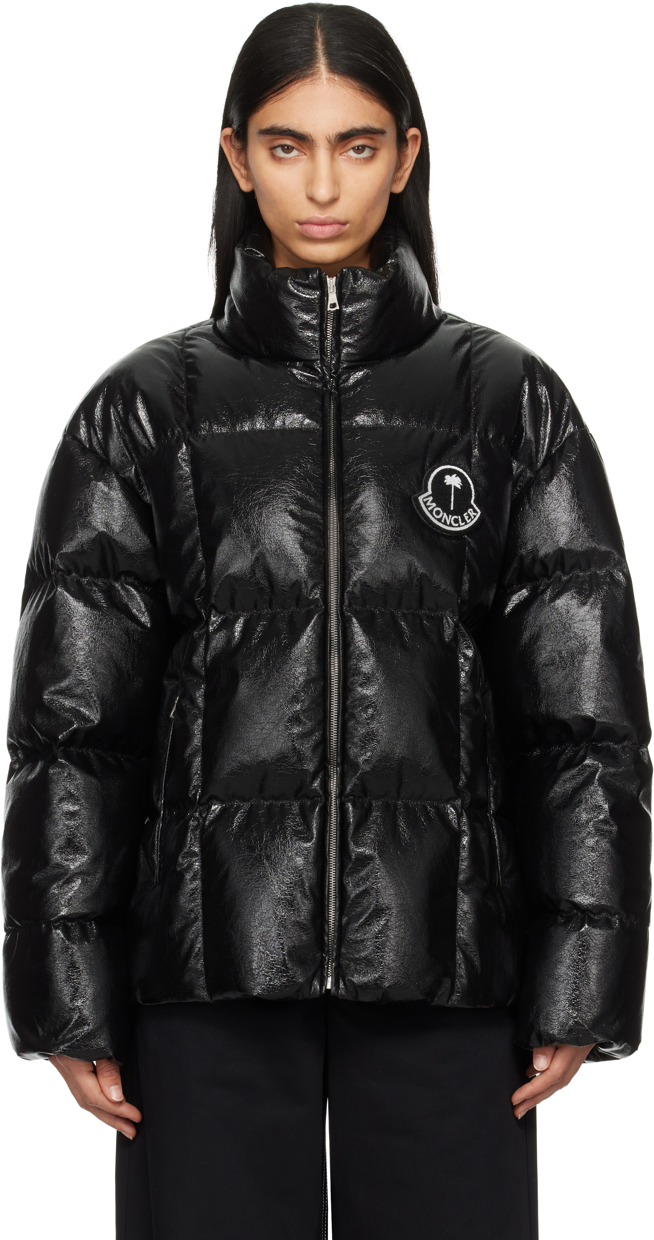 Moncler x Palm Angels Black Simoon Faux-Leather Down Jacket