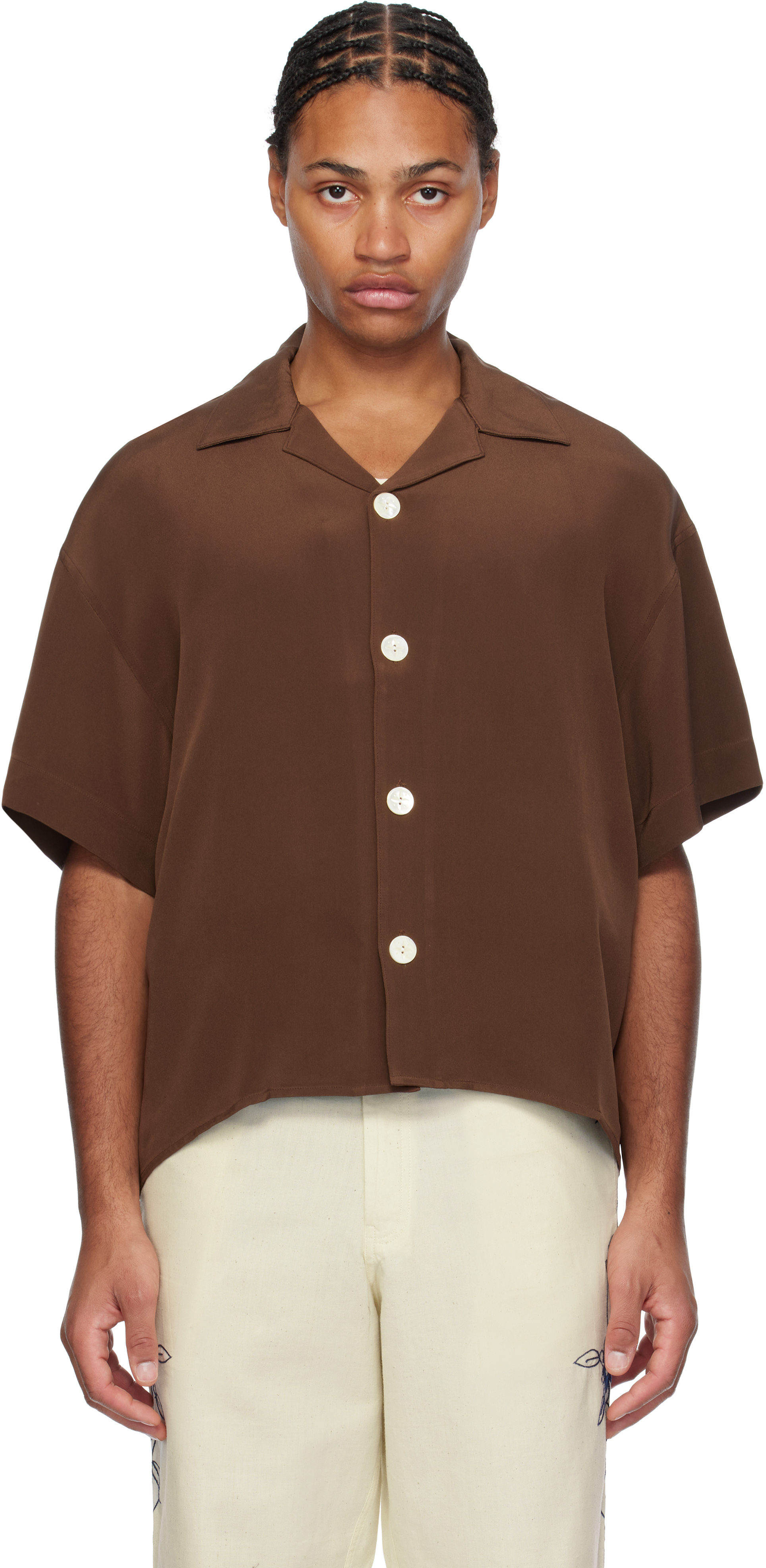 Brown Short Sleeve Silk Shirt